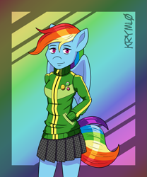 Size: 833x1000 | Tagged: safe, artist:crystalred, rainbow dash, anthro, g4, chie satonaka, clothes, cosplay, costume, crossover, persona, persona 4, skirt, sweater, tomboy