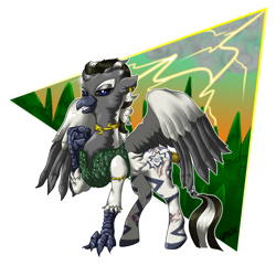 Size: 1024x1024 | Tagged: safe, artist:ghouleh, oc, oc only, oc:izulu musa, hippogriff, hybrid, zebra, clothes, jewelry, lightning, male, scales, scar, simple background, stallion, stripes, transparent background, tree, vest, zerb