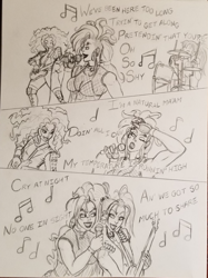 Size: 956x1280 | Tagged: safe, artist:manly man, adagio dazzle, aria blaze, sonata dusk, sunset shimmer, equestria girls, g4, bass guitar, drums, guitar, lyrics, microphone, muscles, music, music notes, musical instrument, punk, punkset shimmer, sketch, song, sunset lifter, text, traditional art