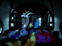 Size: 1882x1409 | Tagged: safe, applejack, discord, fluttershy, pinkie pie, rainbow dash, rarity, spike, g4, bed, female, male, ship:sparity, shipping, sleeping, straight, vector