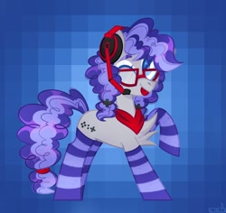 Size: 2047x1932 | Tagged: safe, artist:n in a, oc, oc only, oc:cinnabyte, earth pony, pony, :p, adorkable, bandana, chest fluff, cinnabetes, clothes, cute, dork, gaming headset, glasses, headphones, headset, one eye closed, smiling, socks, striped socks, tongue out, wink