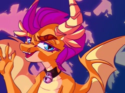 Size: 2048x1534 | Tagged: safe, artist:dodsie, smolder, dragon, g4, abstract background, bell, bell collar, collar, dragoness, female, looking at you, solo