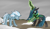 Size: 1200x700 | Tagged: safe, artist:xwreathofroses, queen chrysalis, oc, oc:ice storm, changeling, changeling queen, pony, unicorn, g4, confrontation, female, horn, snow, sword, unicorn oc, weapon