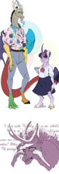 Size: 1000x2932 | Tagged: safe, artist:yesterdaysrunaway, discord, twilight sparkle, oc, oc:mirage, alicorn, draconequus, hybrid, anthro, unguligrade anthro, g4, bust, clothes, cloven hooves, curved horn, female, height difference, horn, interspecies offspring, male, offspring, parent:discord, parent:twilight sparkle, parents:discolight, ship:discolight, shipping, shirt, simple background, skirt, straight, twilight sparkle (alicorn), white background
