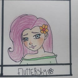 Size: 1080x1080 | Tagged: safe, alternate version, artist:neverland_0921, fluttershy, human, g4, blushing, bust, clothes, female, flower, flower in hair, humanized, smiling, solo, traditional art