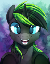 Size: 1820x2336 | Tagged: safe, artist:breloomsgarden, oc, oc only, oc:vortex zero, horse, pony, unicorn, abstract background, bust, commission, cute, fluffy, male, open mouth, painting, portrait, smiling at you, solo, stallion, underhoof