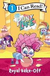 Size: 1600x2408 | Tagged: safe, pinkie pie, rainbow dash, twilight sparkle, alicorn, pony, g4.5, my little pony: pony life, official, baking, book cover, cake, cover, female, food, hairnet, mare, royal bake-off, twilight sparkle (alicorn)