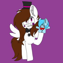 Size: 1378x1378 | Tagged: safe, artist:circuspaparazzi5678, oc, oc only, oc:panda flare, oc:sadness, earth pony, pegasus, pony, bowtie, five nights at freddy's: sister location, five nights at panda flare's: panda location, glasses, hat, solo, top hat