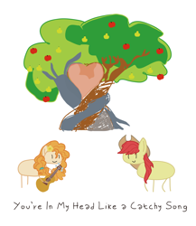 Size: 5138x5913 | Tagged: safe, bright mac, pear butter, g4, the perfect pear, apple, apple tree, cute, guitar, intertwined trees, musical instrument, pear tree, simple background, tree, white background, you're in my head like a catchy song
