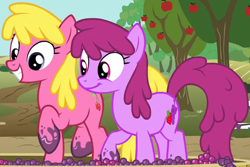 Size: 2014x1349 | Tagged: safe, screencap, berry punch, berryshine, cherry berry, earth pony, pony, g4, on your marks, background pony, berrybetes, cherrybetes, cropped, cute, duo, female, food, grape stomping, grapes, mare, stomping