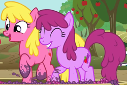 Size: 2084x1393 | Tagged: safe, screencap, berry punch, berryshine, cherry berry, earth pony, pony, g4, on your marks, background pony, berrybetes, cherrybetes, cropped, cute, duo, female, food, grape stomping, grapes, mare, stomping