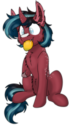 Size: 1048x1904 | Tagged: safe, artist:rokosmith26, oc, oc only, oc:echo, bat pony, hybrid, pony, unicorn, belly fluff, blind, cheek fluff, chest fluff, ear fluff, female, filly, food, freckles, horn, looking down, mango, mouth hold, short hair, short mane, simple background, sitting, solo, tail, transparent background