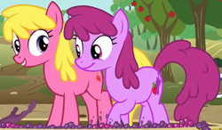 Size: 2580x1503 | Tagged: safe, screencap, berry punch, berryshine, cherry berry, earth pony, pony, g4, on your marks, background pony, berrybetes, cherrybetes, cropped, cute, duo, female, food, grape stomping, grapes, mare, stomping