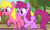 Size: 2564x1543 | Tagged: safe, screencap, apple bloom, berry punch, berryshine, cherry berry, earth pony, pony, g4, on your marks, background pony, berrybetes, cherrybetes, cropped, cute, duo, duo focus, female, food, grape stomping, grapes, mare, offscreen character, open mouth, stomping