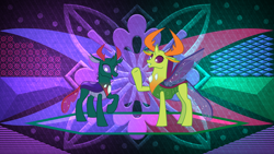 Size: 3840x2160 | Tagged: safe, artist:jhayarr23, artist:laszlvfx, artist:sketchmcreations, edit, pharynx, thorax, changedling, changeling, g4, changedling brothers, duo, high res, king thorax, prince pharynx, wallpaper, wallpaper edit