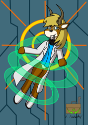 Size: 2481x3506 | Tagged: safe, artist:vol_audacity, oc, oc only, oc:leviathan "vol" audacity, deer, deer pony, original species, cel shading, clothes, glasses, high res, lab coat, shading, smiling, solo
