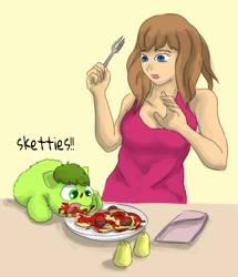 Size: 661x769 | Tagged: safe, artist:carpdime, oc, oc only, oc:avocado, fluffy pony, human, series:little avocado, feeding, food, hugbox, pasta, sketties, spaghetti