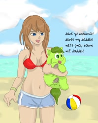 Size: 878x1101 | Tagged: safe, artist:carpdime, oc, oc only, oc:avocado, fluffy pony, human, series:little avocado, absolute cleavage, beach, belly button, bikini, bikini top, breasts, cleavage, clothes, cute, hugbox, shorts, sports shorts, swimsuit