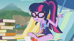 Size: 3000x1687 | Tagged: safe, edit, edited screencap, screencap, sci-twi, twilight sparkle, equestria girls, friendship math, g4, my little pony equestria girls: better together, adding machine, beach chair, book, chair, clothes, cute, female, geode of telekinesis, glasses, legs, magical geodes, paper, ponytail, sci-twi swimsuit, sleeveless, solo, swimsuit, thighs, twiabetes, umbrella