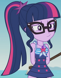 Size: 1126x1447 | Tagged: safe, screencap, sci-twi, twilight sparkle, equestria girls, equestria girls series, friendship math, g4, clothes, cropped, cute, embarrassed, female, geode of telekinesis, glasses, magical geodes, one-piece swimsuit, ponytail, sci-twi swimsuit, sleeveless, solo, swimsuit, twiabetes