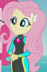 Size: 916x1395 | Tagged: safe, screencap, fluttershy, pinkie pie, equestria girls, equestria girls series, g4, unsolved selfie mysteries, beach, clothes, cropped, cute, female, fluttershy's wetsuit, geode of fauna, legs together, magical geodes, shyabetes, solo focus, swimsuit, wetsuit