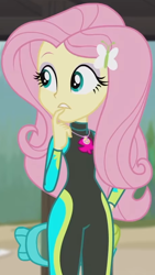 Size: 868x1541 | Tagged: safe, screencap, fluttershy, equestria girls, g4, my little pony equestria girls: better together, unsolved selfie mysteries, beach, clothes, cropped, dive mask, female, fluttershy's wetsuit, geode of fauna, magical geodes, snorkel, solo, swimsuit, wetsuit