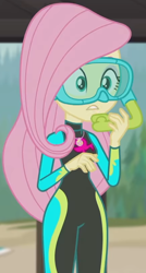 Size: 824x1541 | Tagged: safe, screencap, fluttershy, equestria girls, g4, my little pony equestria girls: better together, unsolved selfie mysteries, beach, clothes, cropped, cute, dive mask, female, fluttershy's wetsuit, geode of fauna, magical geodes, shyabetes, snorkel, solo, swimsuit, wetsuit