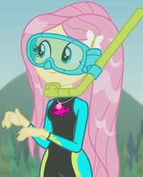 Size: 1212x1509 | Tagged: safe, screencap, fluttershy, equestria girls, g4, my little pony equestria girls: better together, unsolved selfie mysteries, beach, clothes, cropped, cute, dive mask, female, fluttershy's wetsuit, geode of fauna, magical geodes, shyabetes, snorkel, solo, swimsuit, wet hair, wetsuit