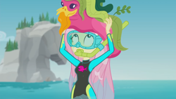 Size: 1920x1080 | Tagged: safe, screencap, fluttershy, human, equestria girls, g4, my little pony equestria girls: better together, unsolved selfie mysteries, animation error, armpits, beach, clothes, cute, dive mask, female, fluttershy's wetsuit, geode of empathy, geode of shielding, geode of sugar bombs, geode of super speed, geode of super strength, geode of telekinesis, goggles, hairpin, magical geodes, ocean, rock horse, seaweed, shyabetes, snorkel, solo, swimsuit, wet, wet hair, wetsuit