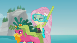 Size: 1920x1080 | Tagged: safe, screencap, fluttershy, human, equestria girls, g4, my little pony equestria girls: better together, unsolved selfie mysteries, animation error, armpits, beach, clothes, dive mask, female, fluttershy's wetsuit, ocean, rock horse, snorkel, solo, swimsuit, wet, wet hair, wetsuit