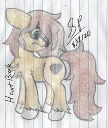 Size: 1752x2076 | Tagged: safe, artist:solder point, oc, oc only, oc:heartbreak, earth pony, pony, chest fluff, concerned, cutie mark, female, floppy ears, glasses, human in equestria, human to pony, leg fluff, lined paper, male to female, mare, rule 63, signature, solo, traditional art