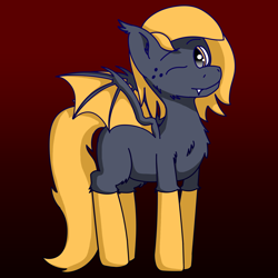 Size: 2400x2400 | Tagged: safe, artist:tav, oc, oc only, oc:seira, bat pony, pony, bat wings, chest fluff, clothes, ear fluff, fangs, fluffy, high res, one eye closed, simple background, socks, solo, wings, wink