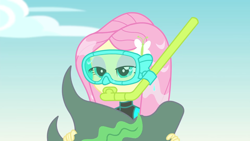 Size: 1920x1080 | Tagged: safe, screencap, fluttershy, equestria girls, equestria girls specials, g4, my little pony equestria girls: better together, my little pony equestria girls: forgotten friendship, clothes, dive mask, female, fluttershy's wetsuit, goggles, lidded eyes, snorkel, solo, swimsuit, wet hair, wetsuit