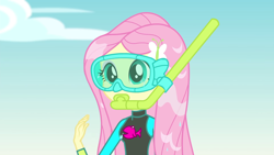 Size: 1920x1080 | Tagged: safe, screencap, fluttershy, equestria girls, equestria girls specials, g4, my little pony equestria girls: better together, my little pony equestria girls: forgotten friendship, clothes, cute, dive mask, female, fluttershy's wetsuit, goggles, shyabetes, snorkel, solo, swimsuit, wet, wet hair, wetsuit