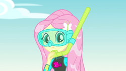 Size: 1920x1080 | Tagged: safe, screencap, fluttershy, equestria girls, equestria girls specials, g4, my little pony equestria girls: better together, my little pony equestria girls: forgotten friendship, clothes, cute, dive mask, female, fluttershy's wetsuit, goggles, shyabetes, snorkel, solo, swimsuit, wet, wet hair, wetsuit