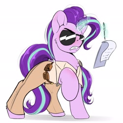 Size: 2048x2048 | Tagged: safe, artist:skitsroom, starlight glimmer, pony, unicorn, g4, chest fluff, clothes, female, glowing horn, high res, horn, levitation, magic, mare, pants, pen, police, police officer, shirt, simple background, solo, sunglasses, telekinesis, white background