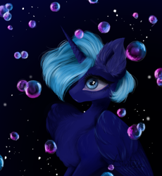 Size: 2300x2500 | Tagged: safe, artist:livitoza, princess luna, alicorn, pony, g4, bubble, chest fluff, female, high res, mare, soap bubble, solo