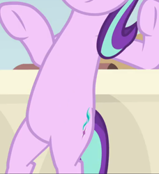 Size: 658x722 | Tagged: safe, screencap, starlight glimmer, pony, a horse shoe-in, g4, belly, bipedal, bipedal leaning, cropped, female, leaning, pictures of bellies, solo