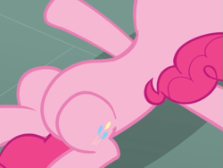Size: 717x538 | Tagged: safe, screencap, pinkie pie, earth pony, pony, g4, too many pinkie pies, belly, cropped, female, lying down, on back, pictures of bellies, solo