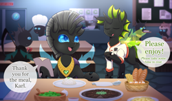 Size: 1696x1000 | Tagged: safe, artist:vavacung, oc, oc:karl the changeling, oc:loveless nova, changeling, chef, chef outfit, chef's hat, female, food, green changeling, hat, male, scythe
