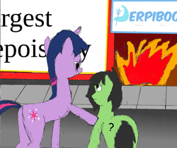 Size: 2549x2139 | Tagged: safe, artist:anonymous, twilight sparkle, oc, oc:filly anon, earth pony, pony, unicorn, art pack:marenheit 451, derpibooru, the end of derpibooru, g4, /mlp/, and nothing of value was lost, butt, comments locked down, duo, female, filly, fire, high res, mare, meta, plot, the critic, unicorn twilight