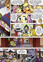 Size: 1204x1700 | Tagged: safe, artist:tarkron, applejack, fluttershy, oc, earth pony, griffon, pegasus, pony, unicorn, yak, comic:what happens in las pegasus, g4, applejack is not amused, book, casket, catholicism, comic, covered eyes, crying, eyes closed, fake death, funeral, glowing, glowing horn, hand on head, horn, insurance fraud, kissing, magic, marriage, need to pee, nose blowing, one eye closed, one eye open, playing dead, potty time, priest, sailor, telekinesis, tissue, unamused, wedding