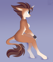 Size: 3195x3706 | Tagged: safe, artist:airfly-pony, oc, oc only, oc:case, unicorn, anthro, unguligrade anthro, breasts, ear fluff, featureless breasts, female, floppy ears, gradient background, high res, horn, leonine tail, nudity, sitting, sketchy, solo, unicorn (elepatrium)