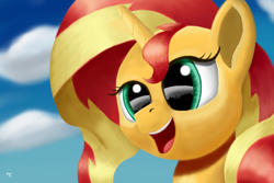 Size: 2400x1600 | Tagged: safe, artist:flusanix, sunset shimmer, pony, unicorn, g4, bust, female, happy, mare, open mouth, portrait, solo