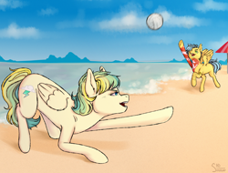 Size: 3000x2280 | Tagged: safe, artist:sad_smoker, oc, oc only, oc:cloudy zap, oc:sora seeds, pegasus, pony, icey-verse, ball, beach, commission, duo, ear piercing, earring, eyebrow piercing, female, high res, jewelry, magical gay spawn, mare, multicolored hair, offspring, open mouth, parent:braeburn, parent:sky stinger, parent:soarin', parent:vapor trail, parents:soarburn, parents:vaporsky, piercing, raised hoof, raised leg, sand, sports, summer, tattoo, umbrella, underhoof, volleyball, water, ych result