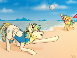 Size: 3000x2280 | Tagged: safe, alternate version, artist:sad_smoker, oc, oc only, oc:cloudy zap, oc:sora seeds, pegasus, pony, icey-verse, ball, beach, clothes, commission, duo, ear piercing, earring, eyebrow piercing, female, goggles, high res, jewelry, magical gay spawn, mare, multicolored hair, offspring, open mouth, parent:braeburn, parent:sky stinger, parent:soarin', parent:vapor trail, parents:soarburn, parents:vaporsky, piercing, raised hoof, raised leg, sand, shorts, sports, summer, swimming trunks, tattoo, trunks, umbrella, underhoof, uniform, volleyball, water, wonderbolt trainee uniform, wonderbolts, ych result