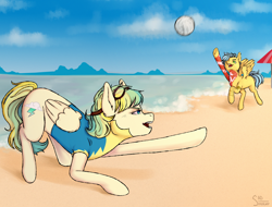 Size: 3000x2280 | Tagged: safe, alternate version, artist:sad_smoker, oc, oc only, oc:cloudy zap, oc:sora seeds, pegasus, pony, icey-verse, ball, beach, clothes, commission, duo, ear piercing, earring, eyebrow piercing, female, goggles, high res, jewelry, magical gay spawn, mare, multicolored hair, offspring, open mouth, parent:braeburn, parent:sky stinger, parent:soarin', parent:vapor trail, parents:soarburn, parents:vaporsky, piercing, raised hoof, raised leg, sand, sports, summer, tattoo, umbrella, underhoof, uniform, volleyball, water, wonderbolt trainee uniform, wonderbolts, ych result