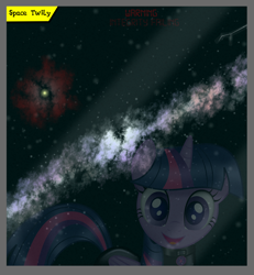 Size: 3840x4154 | Tagged: safe, artist:damlanil, twilight sparkle, alicorn, pony, g4, clothes, collar, comic, cutie mark collar, female, galaxy, horn, latex, latex suit, makeup, mare, nebula, planetary nebula, rubber, shiny, shiny mane, show accurate, solo, space, stars, text, twilight sparkle (alicorn), vector, window, wings