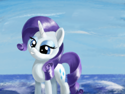 Size: 2240x1680 | Tagged: safe, artist:flusanix, rarity, pony, unicorn, g4, female, grin, mare, scenery, smiling, solo, water
