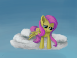 Size: 2000x1500 | Tagged: safe, artist:flusanix, fluttershy, pegasus, pony, g4, cloud, female, lying on a cloud, mare, on a cloud, solo